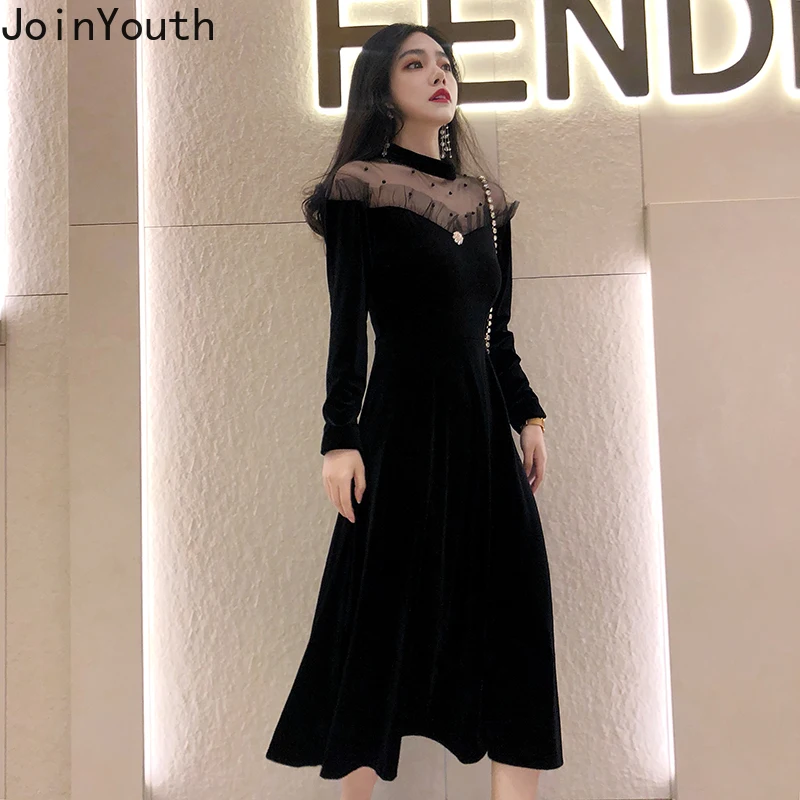

Joinyouth Dress Elegant Empire Crystal Solid Vintage A Line Full Mesh Patchwork Robe Femme 2020 Spring Clothing Fashion Thin 287