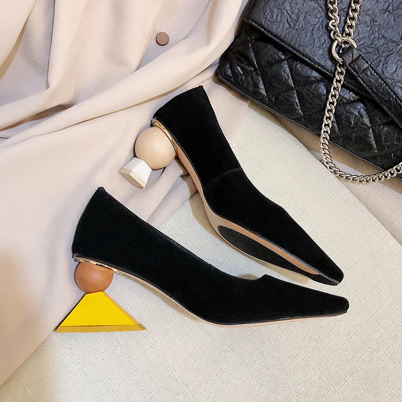 

Shoes Woman Strange Heel Geometric Heel Black/Beige Suede Pointed Toe Shallow Basic Shoes For Career&Office Fall 2019 New Style