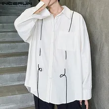 INCERUN Men Casual Shirt Turn-down Collar Baggy Pockets Long Sleeve Korean Style Fashion Brand Shirts Men Streetwear Camisa