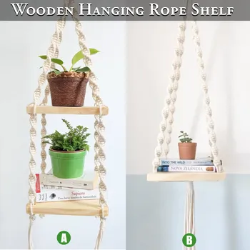 

Bohemian Premium Wooden Hanging Rope Wall Mounted Shelves Plant Flower Pot Rack Indoor Outdoor Decoration Floating Shelf