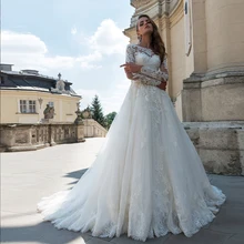 

High Quality Wedding Dresses With Illusion Sleeves Bateau Neck Sweep Lace Train Elegant Bride Gown Свадебное платье 2021