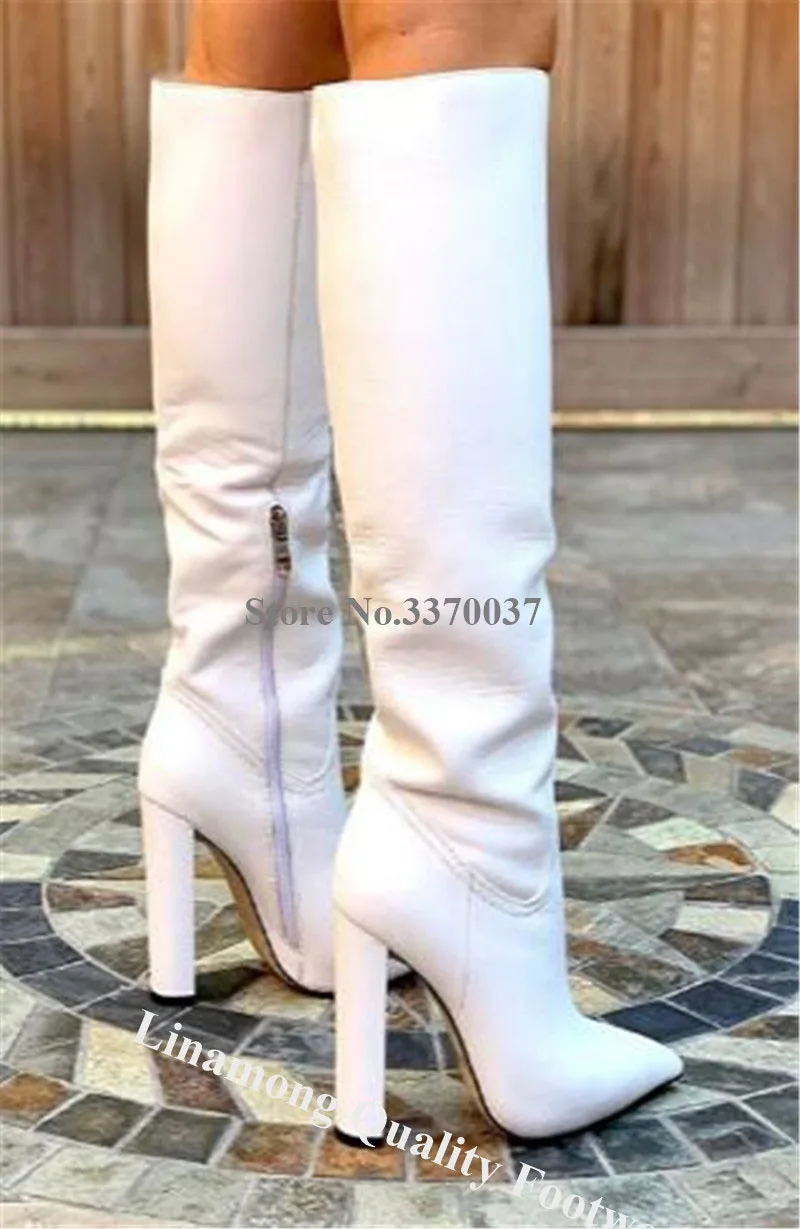 Linamong; элегантные женские сапоги до колена с острым носком на не сужающемся книзу массивном каблуке; белые кожаные высокие сапоги на толстом высоком каблуке; свадебные модельные туфли