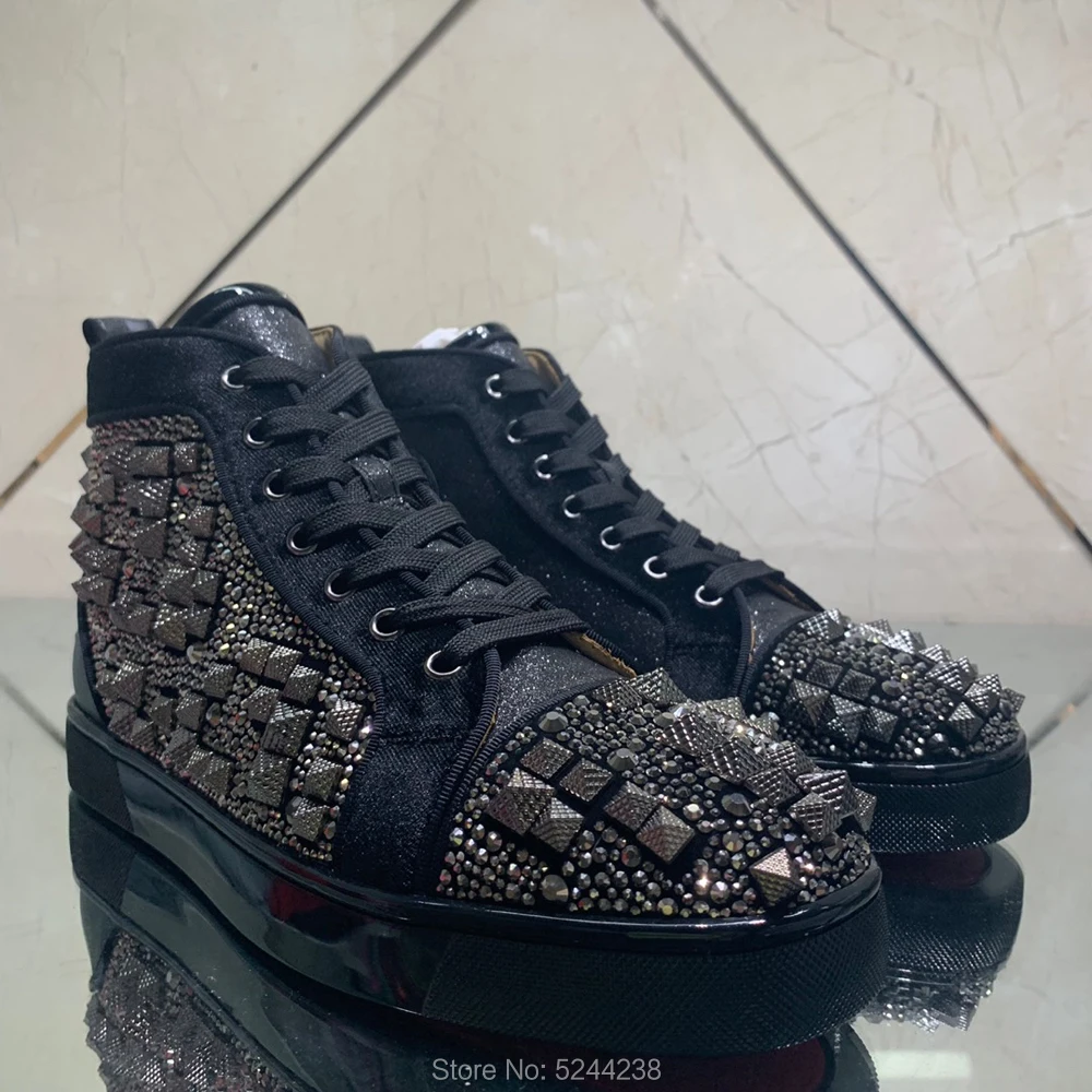 High Top Handmade Black Leather Rhinestone Messy screw thread Rivets Prom Men Loafers Red bottom leather casual loafers shoes