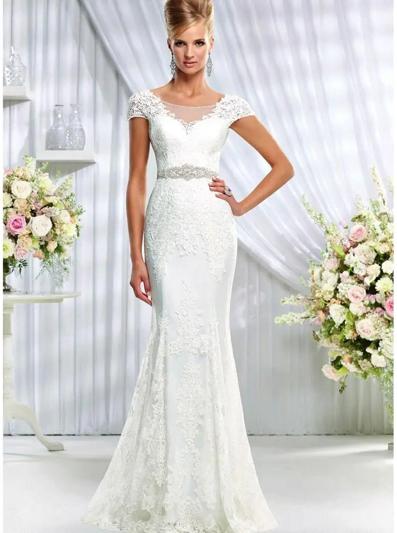 

Vestidos De Novia 2016 Short Sleeves Backless Lace Mermaid Wedding Dresses Bridal Gowns Robe De Mariage With Crystal Belt