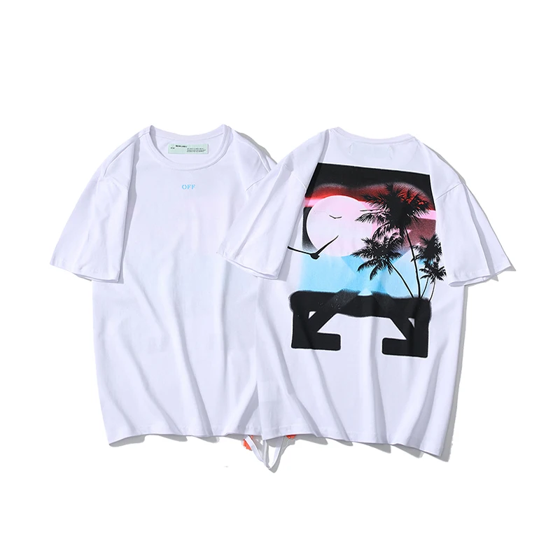 Ограниченная серия, греческий закат, кокосовое дерево, 19ss, Off-White OW, для мужчин и женщин, для влюбленных, Модная хлопковая футболка с круглым вырезом и коротким рукавом