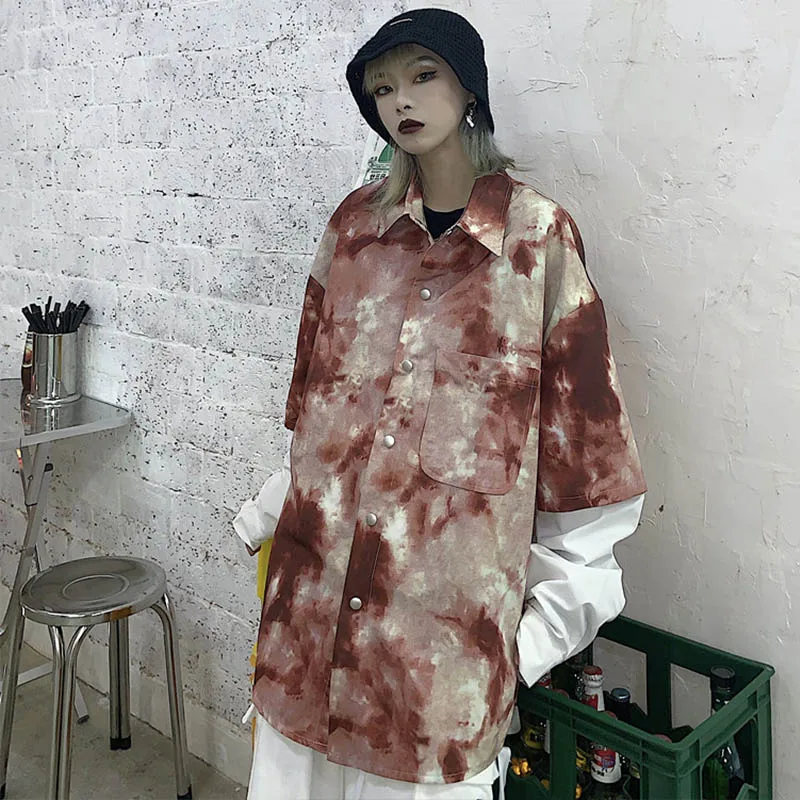 as pic Tie Dye, Женская длинная блуза большого размера,, женская, поддельная, из двух частей, в стиле пэчворк, свободная, хип-хоп, рубашка с отворотом,, BF, с карманом, Ullzang, Мужской Топ - Цвет: as pic