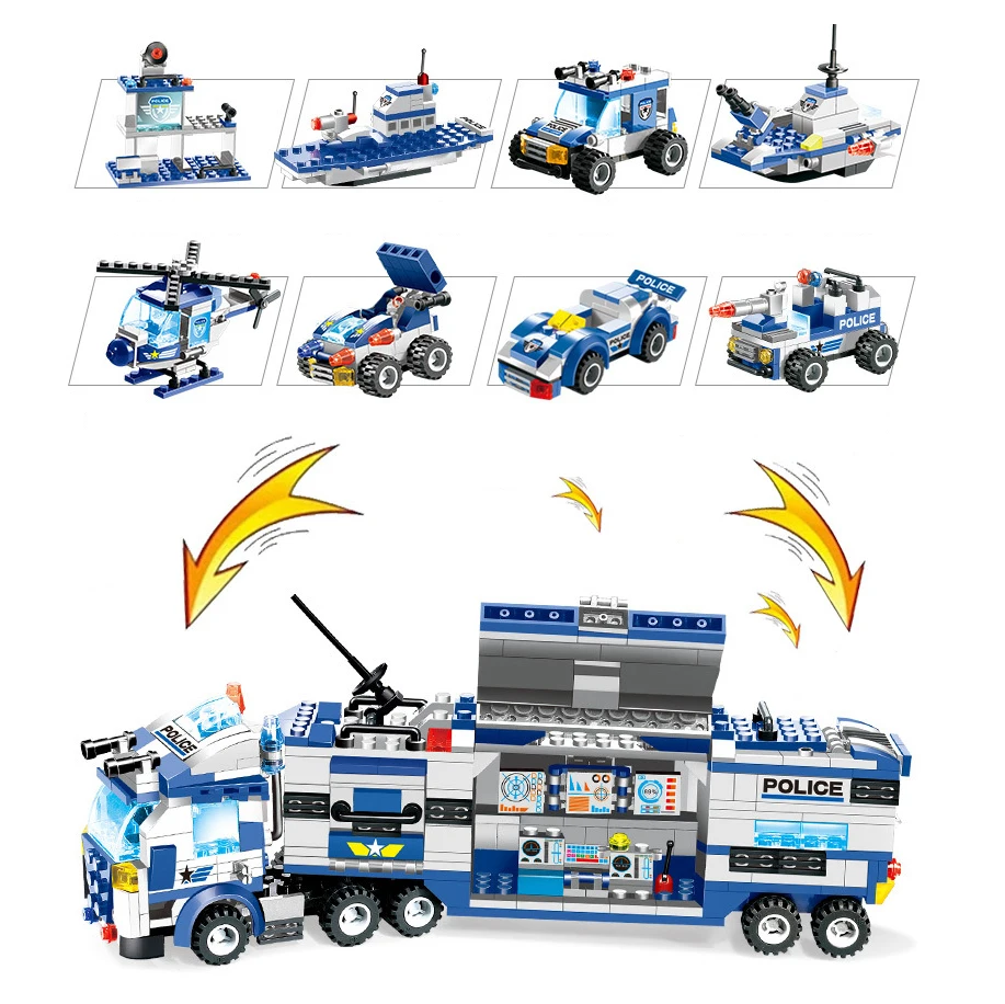 762 шт. Набор строительных блоков 8 в 1 робот самолет автомобиль городская полиция SWAT Creator Playmobil Juguetes образовательные игрушки для детей