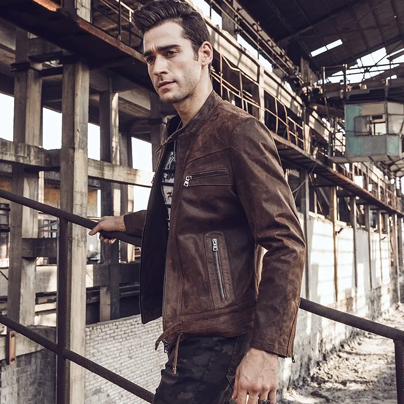 High Quality Mens Natural Pigskin Jacket Stand Collar Windproof Biker Genuine Leather Jacket Slim Fit Brown Short Coat Plus Size