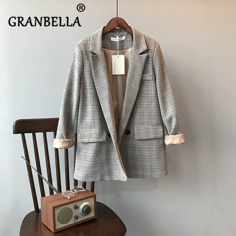 

2019 Women Spring Blazer Slim Korean Restore Plaid Loose Casual Suit Jacket Harajuku Vintage Jacket Feminine Outwear