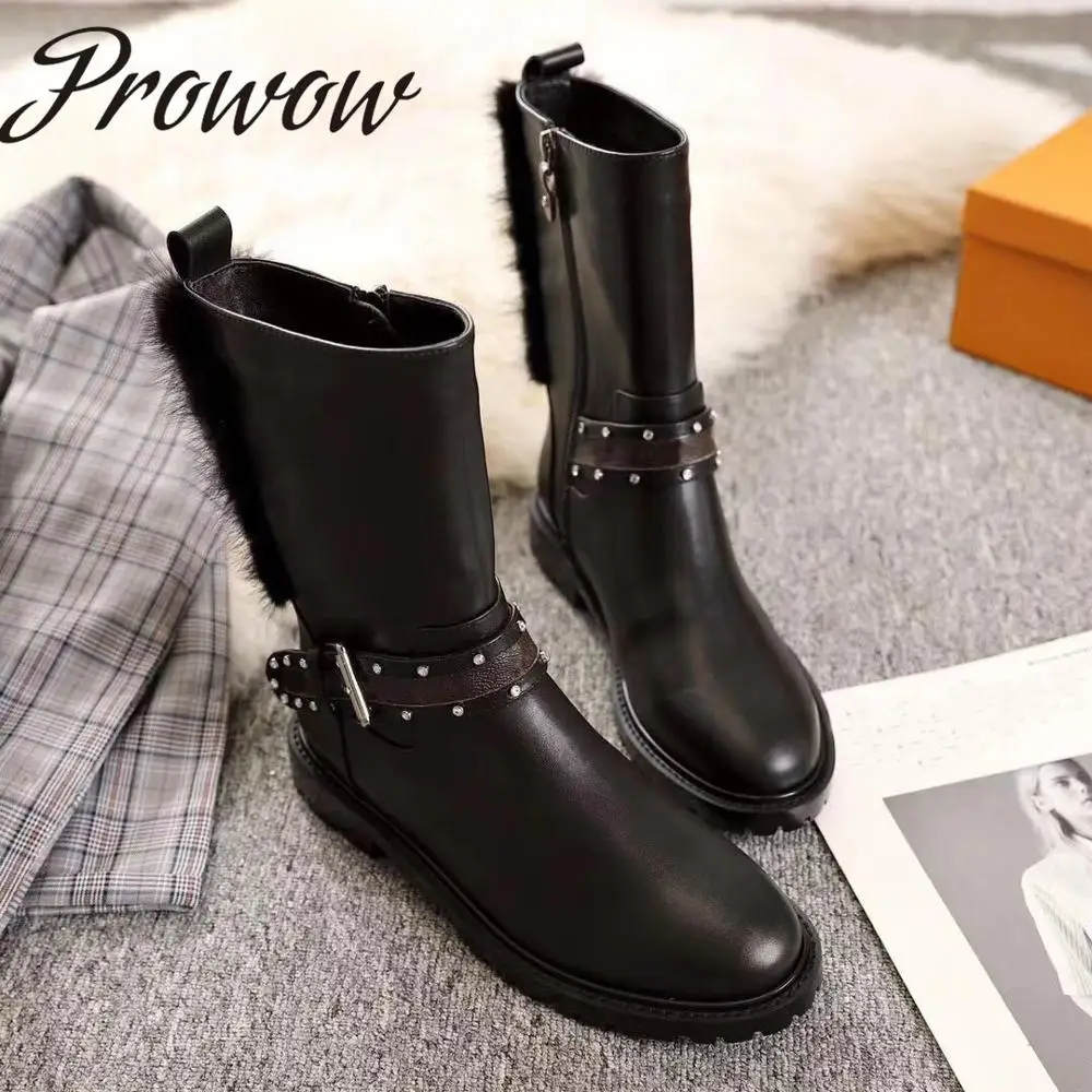 

Prowow New Genuine Leather Mink Fur Luxury Brand Autumn Winter Boots Round Toe Metal Studded Mid Calf Winter Boots Shoes Women