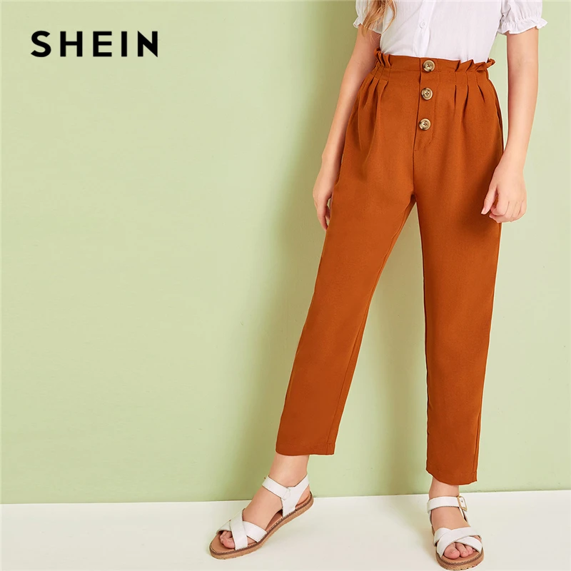 SHEIN Kiddie/коричневые однотонные штаны с бумажной сумкой и пуговицами на талии; возможность носить с брюками для мамы и ребенка; коллекция года; осенние брюки с оборками для девочек; Одинаковая одежда для семьи