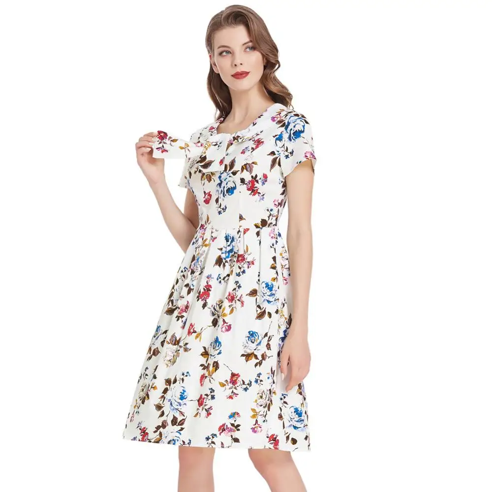 

Belle Poque 2020 Women Summer Dress Bow Tie Floral Print Cotton Dress Short Sleeve A Line Pleated Dress Elegant Vintage Vestidos