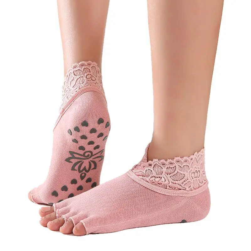 5 пар/компл. кружево для занятий спортом, женские спортивные «Five Finger», носки для девочек, хлопковые спортивные Йога голой палец нескользящие носки кроссовки - Цвет: pink