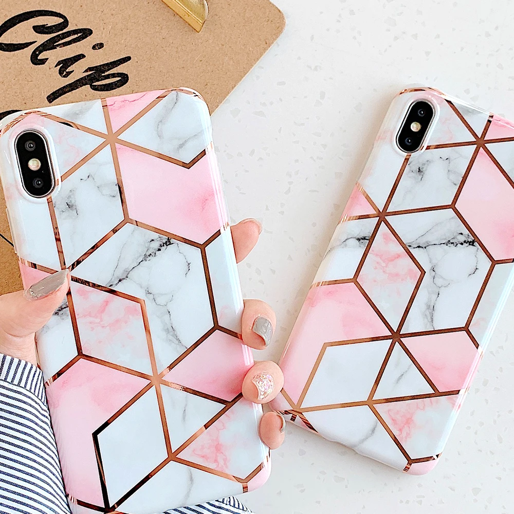 

For iphone 6 6s 7 8 8p 7 7plus X XS XR XSMAX Pink marble pattern anti-falling Smooth Surface shell Geometric pattern