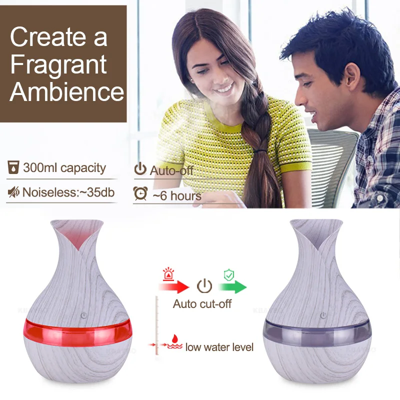 300ml Aroma Essential Oil Diffuser Ultrasonic Air Humidifier with white Wood Grain 7 Color Changing LED Lights for Living Room
