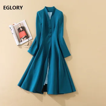 

2020 Autumn Winter Fashion Long Cardigan Coats Women V-Neck Vintage Buttons Front Long Sleeve A-Line Blue Outerwear Coats Female