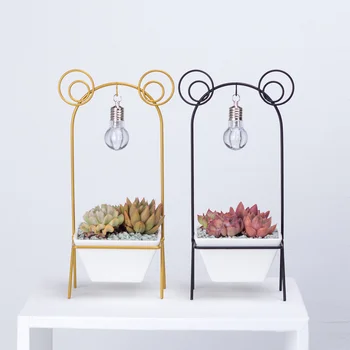 

2PCS Succulent Plant Flowerpot Creative Iron Stand Planter Ceramic Succulent Flowerpot Multi-purpose Flower Pot Iron Bulb Rack F