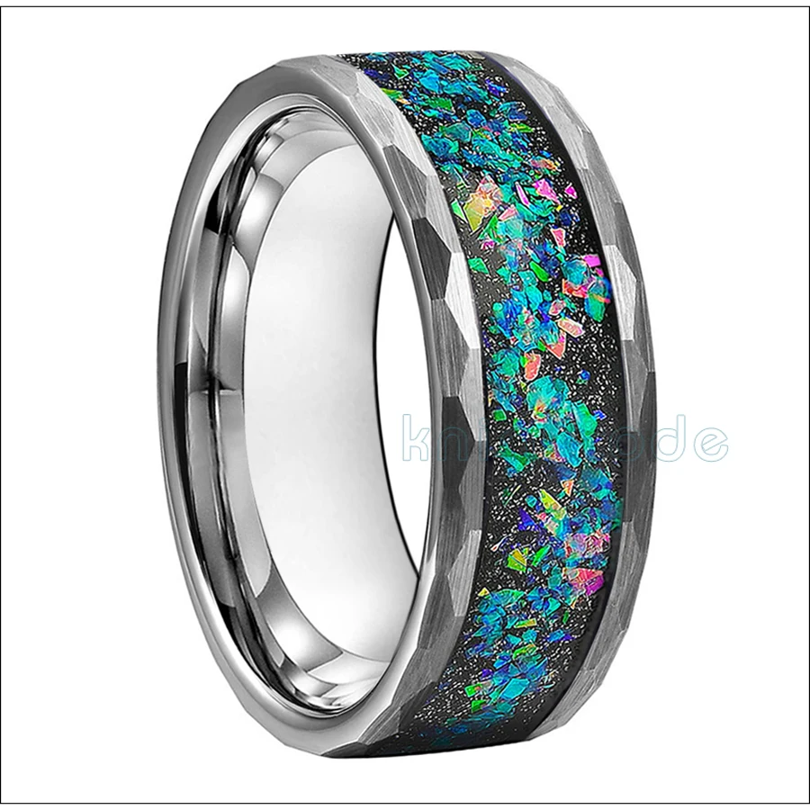8mm Hammered Tungsten Carbide Rings Galaxy Series Opal Inlay For Man Women Wedding Bands Silvery Facets Brushed Comfort Fit 8mm Hammered Tungsten Carbide Rings Galaxy Series Opal Inlay For Man Women Wedding Bands Silvery Facets Brushed Comfort Fit