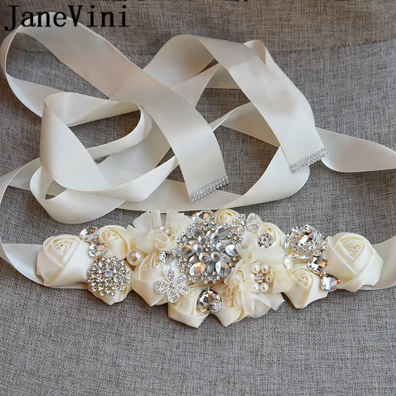 JaneVini Jewelled Rhinestone Belt for Wedding Dress Women Belts Pearl Satin Ribbon Sash Crystal Belt Bridesmaid Bride Waistband