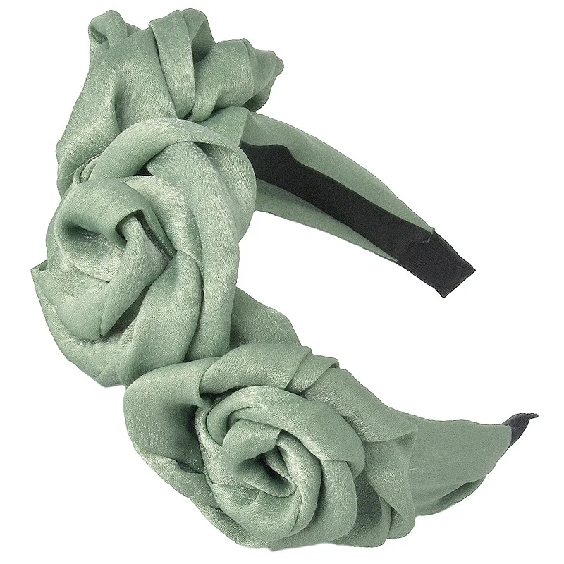 New Fashion Solid Satin Hairband Women Hair Accessories Hair Hoop Rose Flowers Hair Bands For Girls Wide Headband Cute Headwear - Цвет: Армейский зеленый