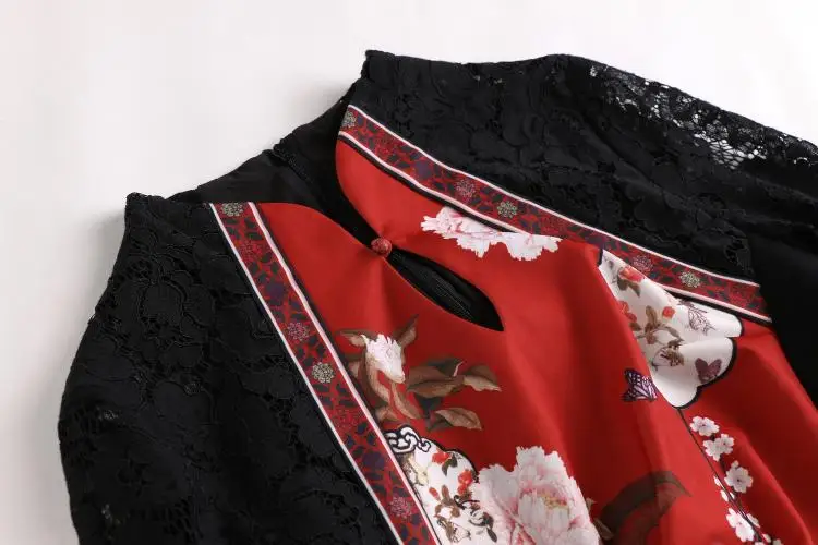 Китайский стиль Cheongsam платье-футляр осеннее женское кружевное платье с длинными рукавами в стиле пэчворк сексуальное открытое модное платье с принтом