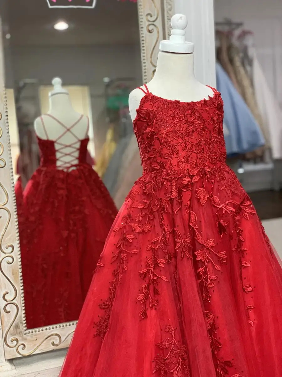 SH Little Girl Pageant Dresses Straps Neck A Line Princess Kids Formal Party Wedding Gowns Red Sky Blue Blush Ivory