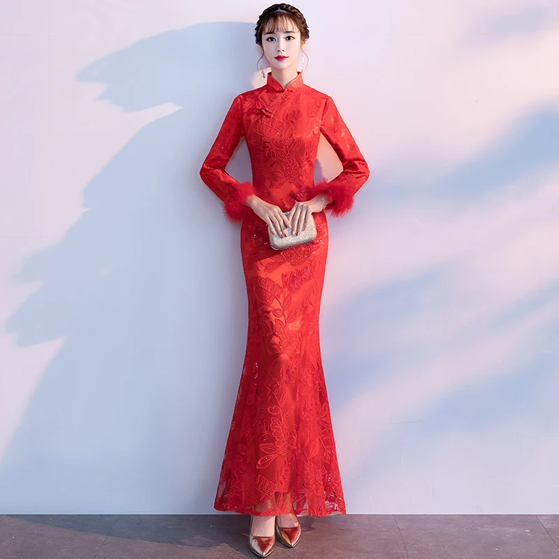 Зимнее Новое китайское свадебное платье для невесты, женское сексуальное тонкое красное кружевное платье Ципао, элегантное платье с рыбий