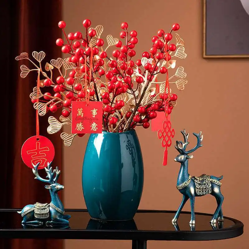 

Chinese Ceramic Vase Artificial Flower Red Fortune Fruit Flower Arrangement New Year Ornaments Home Livingroom Furnishing Crafts