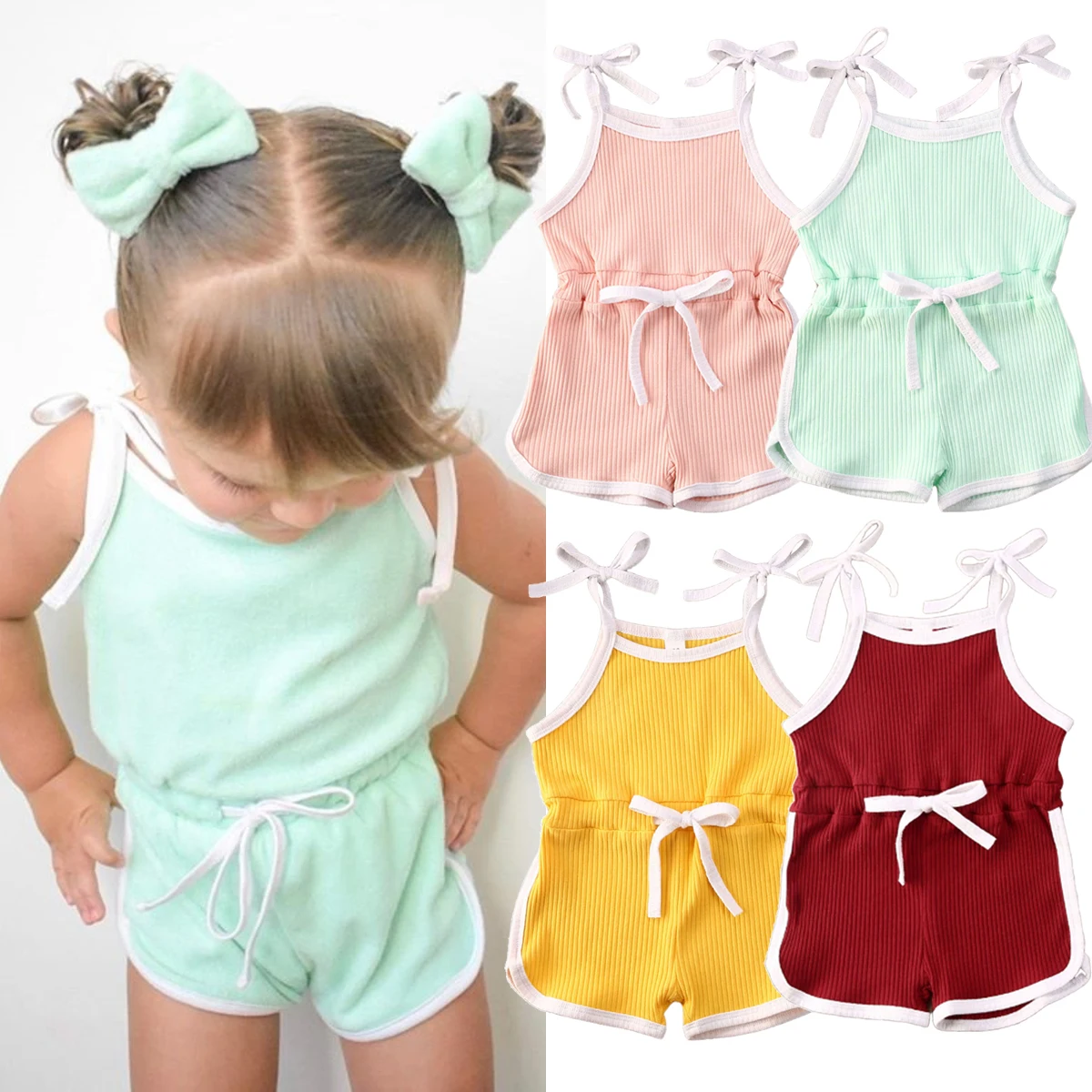 

1-6Years Summer Baby Girls Knitted Clothes set Sleeveless strap Romper one piece Jumpsuit Cotton Outfits 4 colors