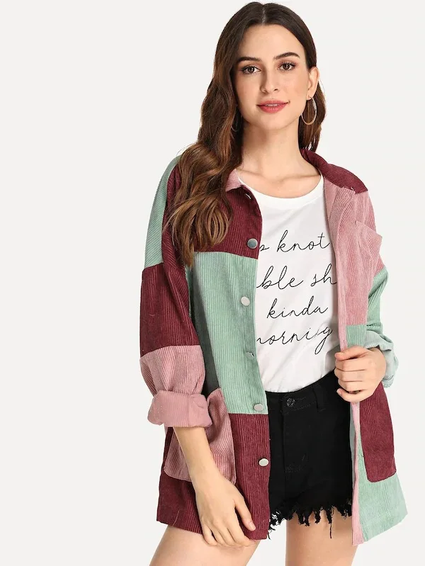 

2019 European Leg Autumn And Winter New Style Color Panel Corduroy Loose-Fit Slimming Jacket Shirt Women's Hot Selling
