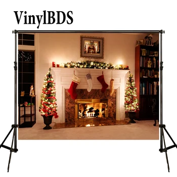 

VinylBDS Christmas Backdrops Brick Fireplace Socks Background for Family White Floor and Bookshelf Photo for Kids Studio