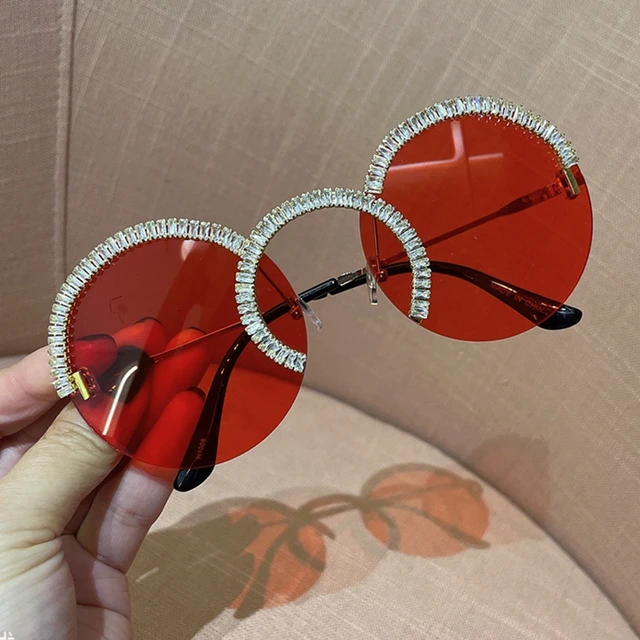 Zircon oversized sunglasses 2020 luxury Round sun glasses women Clear lens Eyeglasses Shades For Women  oculos feminino Red
