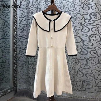 

High Quality Knitted Dress 2019 Autumn Winter Sweater Dress Women Beading Button Color Block Patchwork Casual Jumper Dress Cute