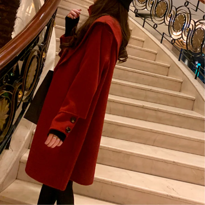 Новое шерстяное двухстороннее шерстяное пальто в стиле ретро, женское популярное красное шерстяное пальто средней длины, зимнее шерстяное длинное пальто