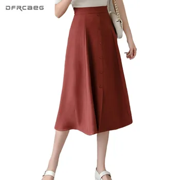 

Basic Solid Color Womens Long Skirts With Button High Waist Korean Style Casual Casual A-Line Skirt Female