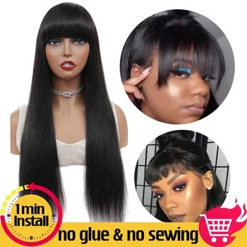 

Straight Human Hair Wigs With Bangs Full Machine Made Wigs Colored Wigs Blonde 613 color Peruvian Remy Hair Wig 150% Denisty