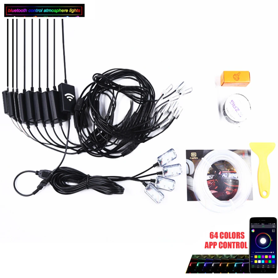 

Car Ambient Light Foot Lamp RGB (8 + 4) with 10M Optical Fibre 64colors Led Wireless No Threading App Control