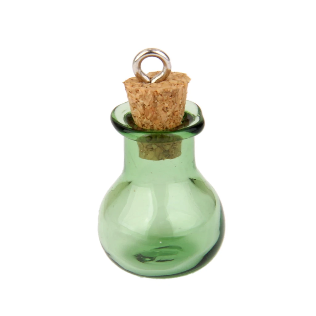 10 Glass Cork Flat Base Jars Vial Wishing Bottle w/ Loop DIY Pendants Green Fashion Lucky Decorations