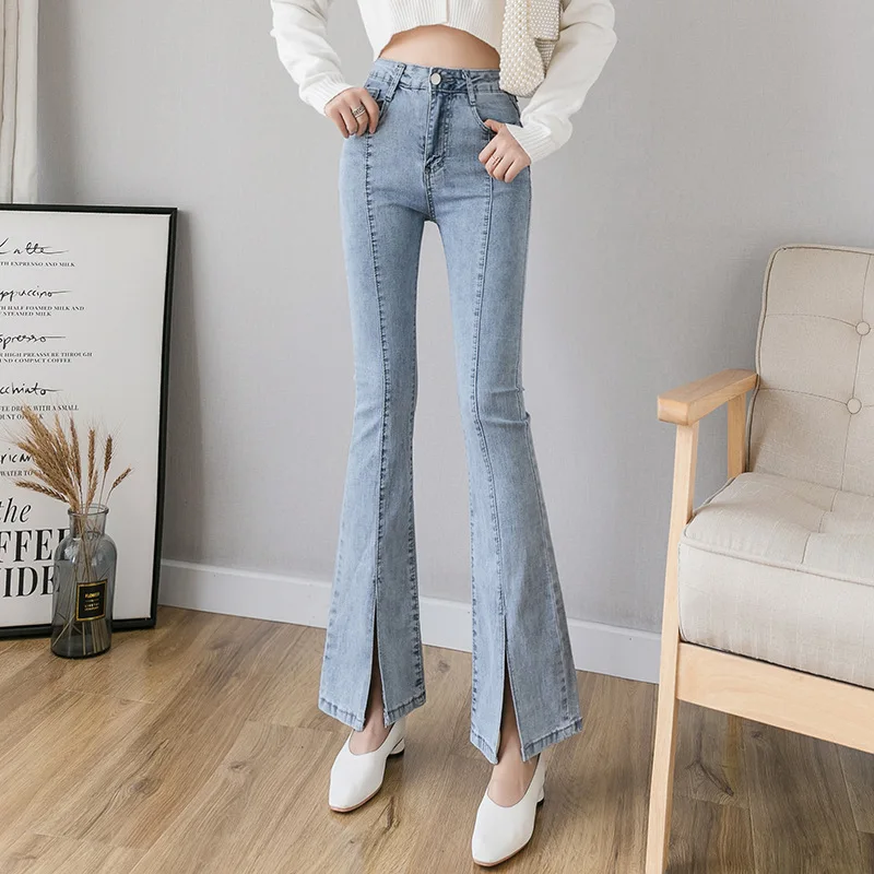 Джинсы женские с высокой талией тонкие Осенние новые корейские джинсовые расклешенные брюки