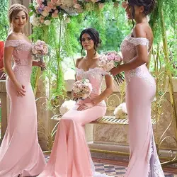 Pink Cheap Bridesmaid Dresses 2 Off Shoulder Lace Appliques Mermaid Bridesmaid Dress Back Button Sweep Train Formal Dresses