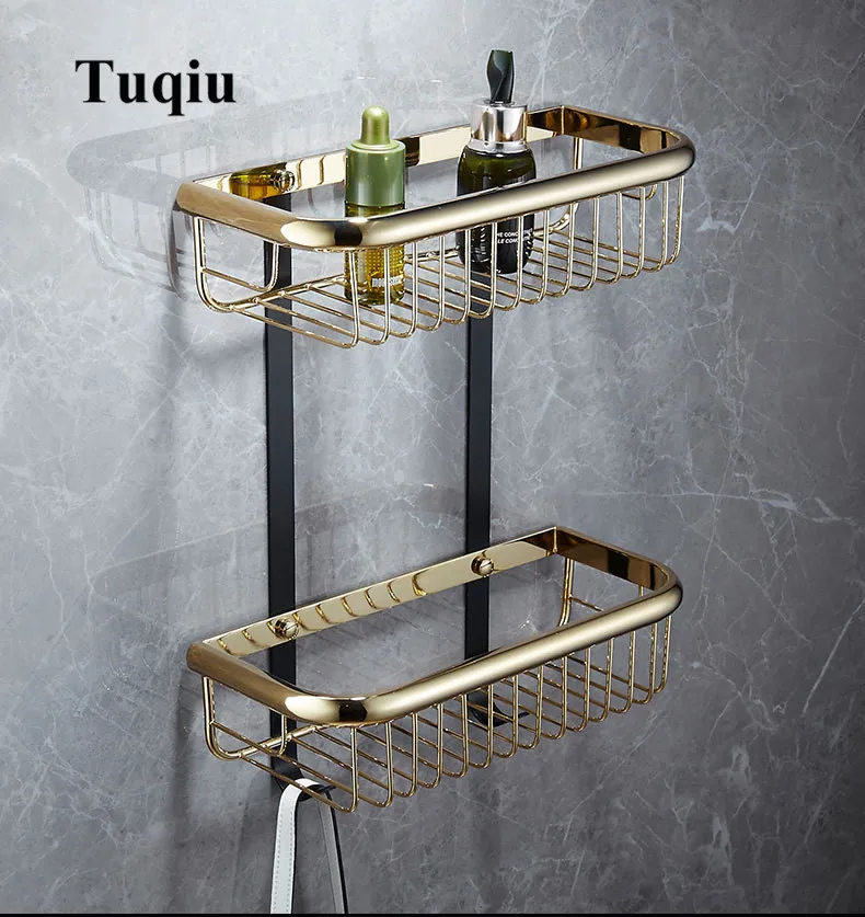 Tuqiu bathroom Corner Shelf Gold and Black bathroom shelves Brass