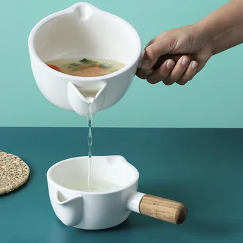 

Soup oil separator ceramic wooden handle soup bowl filtration filter oil removal drink soup oil skimming kitchen gadget