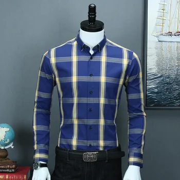 

Men's Designer Smart Casual Dress Shirts Comfortable 100% Cotton Plaid Long Sleeve Button-collar Contrast Bold Striped Shirt