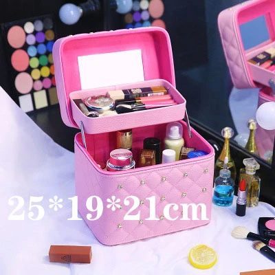 Бриллиантовая женская сумка для макияжа большая емкость PU кожаная косметичка сетка узор портативный дорожный косметичка туалетный ящик для хранения - Цвет: B Style  Pink