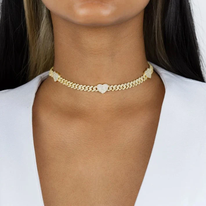 Cuban Link Chain Necklace Lady Hearts, Charm Choker Necklace