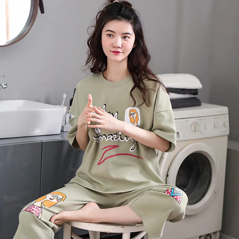 Kupokasi Pajamas Women Spring Summer Casual Crew Neck Short Sleeve Printed Shirts And Pants Homewear Loose Cotton Pijama