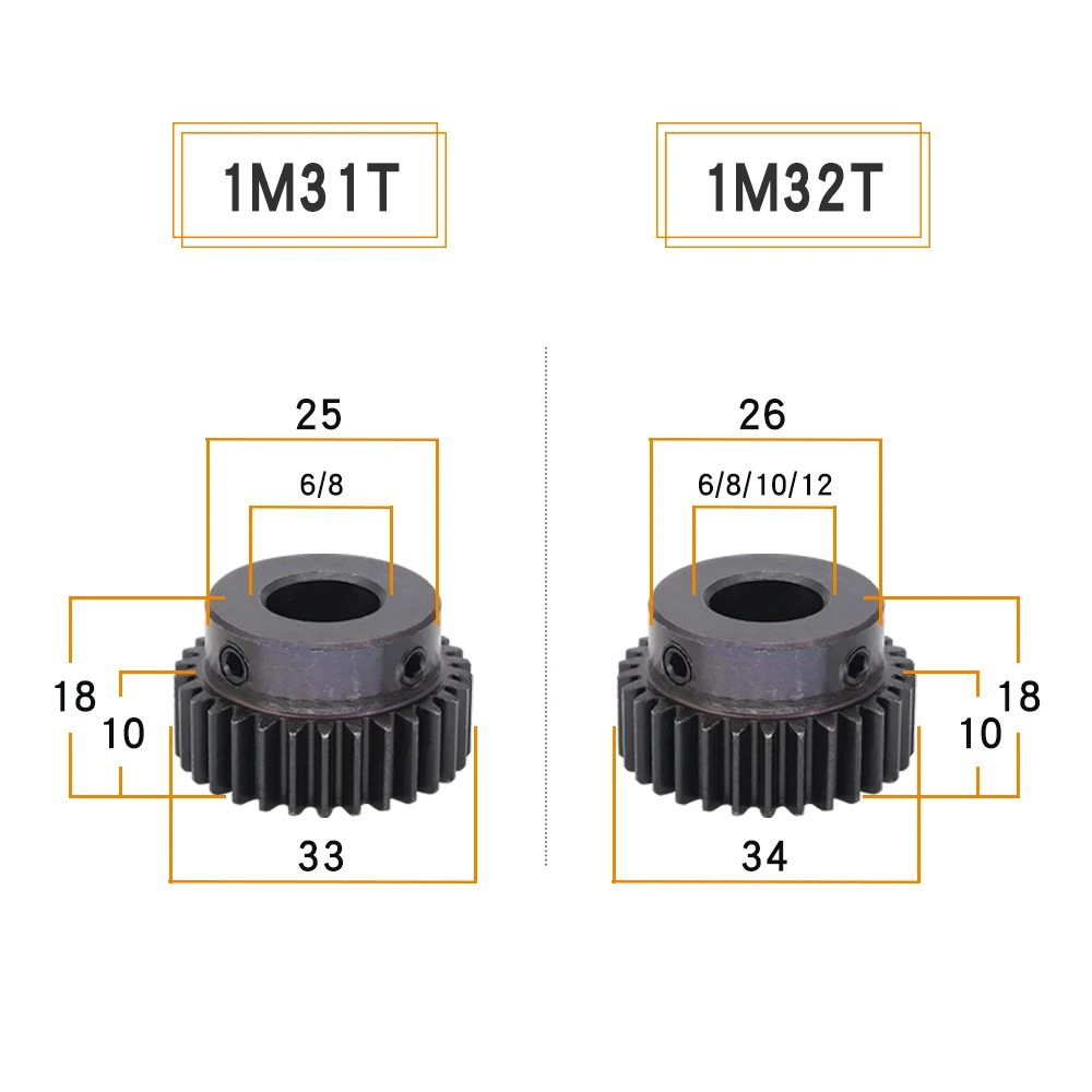 모듈 1 메탈 기어, 1 M-31T, 32T, 33T, 34T, SC45  탄소강 소재, 변속기용 스퍼 기어 보어 크기 6mm, 8mm, 10/12mm