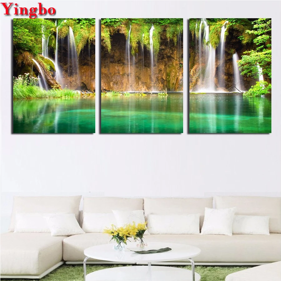 

5D Diy Diamond Painting Cross Stitch 3 Panel Waterfall Landscape Diamond Embroidery beads Full Rhinestones Painting Mosaic Inlay