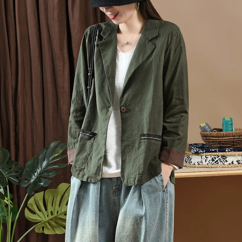 

2019 Autumn New Style Artistic Vintage Ramie Contrast Color Small Suit Coat Korean-style Long Sleeve Suit Flax Tops
