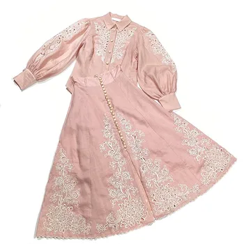 

Top Quality 2 Piece Set 2020 Autumn Designer Wear Hollow Out Long Sleeve Embroidery Blouses + Pink High Waist Linen Skirts